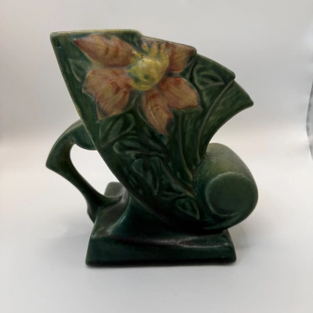 Roseville Pottery Clematis Green Cornucopia Vintage Mid Century Art Deco